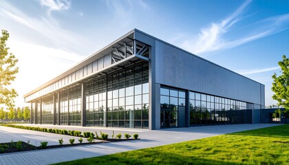 Modern, industrial-style building with large windows, set within a landscaped area, bathed in natural light