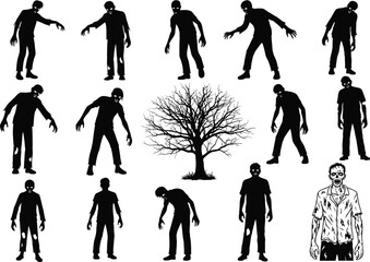 Obraz premium Collection of diverse zombie silhouettes in various poses with a bare tree and a patterned shirt figure