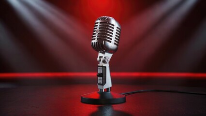 Retro microphone stands illuminated under spotlights ready for the show on red stage