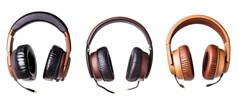 Three Pairs Of Leather Headphones Displayed Against A Transparent Backdrop Representing Audio Sound And Music Technology