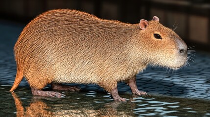 Close-up of a capybara standing in water.