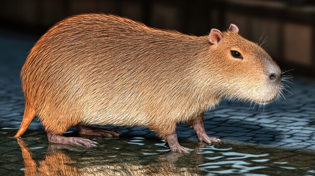 Close-up of a capybara standing in water.