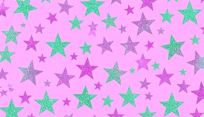 Pink background dotted with glittery teal and purple stars