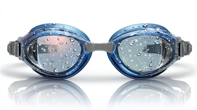 Realistic illustration of blue swim goggles, filled with droplets, resting on a reflective surface