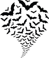 A large swarm of black bats flying in a cloud formation against a white background creating a spooky halloween atmosphere