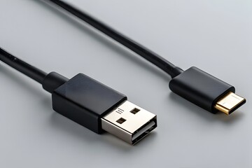 Black USB Type-C cable for charging modern devices and data transfer on a clean surface, simple tech