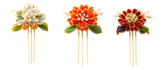 Three Kanzashi Japanese Hair Ornaments On Transparent Background Featuring Gold Details and Colorful Floral Designs