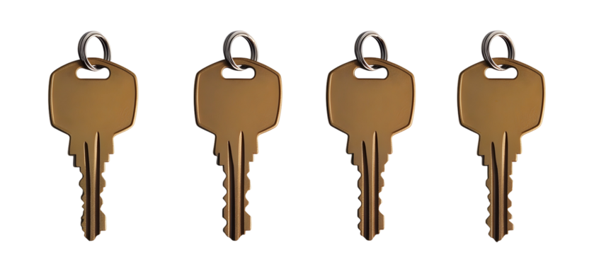 Four Golden Keys In A Row Isolated Against Black Background