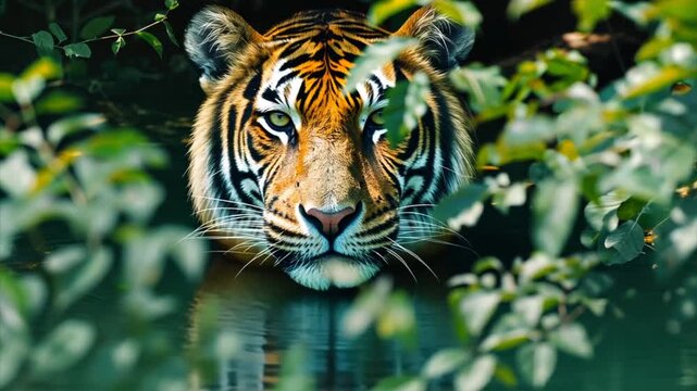 Tiger hiding in the pond in shrubs. Wild predator in nature