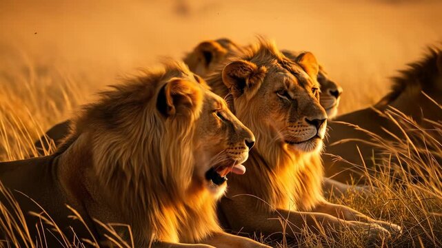 Majestic pride of lions resting in golden grass at sunset in the African savanna.