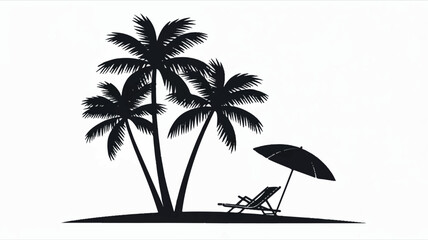 Black and white silhouette illustration of a tropical beach with palm trees and ocean waves