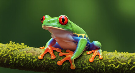 Naklejka premium A vibrant red-eyed tree frog with green, blue, and orange hues perches on a mossy branch, showcasing its striking beauty and rainforest habitat.