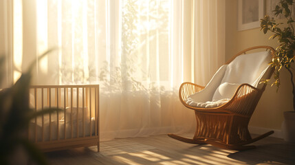 Cozy Nursery Interior with Sunlit Rocking Chair and Cradle Near Window. Perfect for concepts of childhood, comfort, and tranquility.