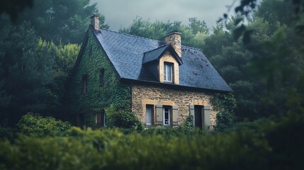 Fototapeta premium Enchanting Stone Cottage Enshrouded in Lush Greenery and Mystical Atmosphere
