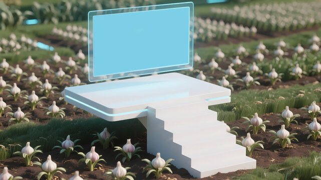 Virtual holographic screen analyzing growth data of garlic planting base