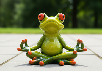 A whimsical green frog figurine with red eyes in a meditative yoga pose on a paved surface, symbolizing peace, mindfulness, or calm.