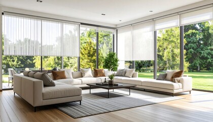 Modern living room with expansive views.  Large, light-filled space with a sectional sofa, glass walls, and a lush garden backdrop