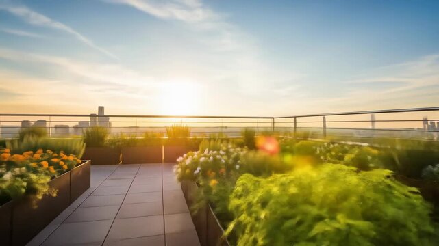 Expansive rooftop urban farm with rows of plants and herbs, overlooking a vibrant city skyline at sunset.