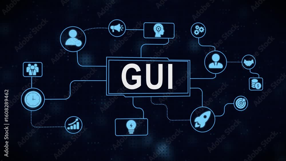 Poster animated gui interface depicting business strategy and technological innovation concepts