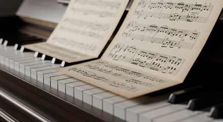 Fototapeta premium Piano keys and sheet music create an artistic ambiance for musical expression