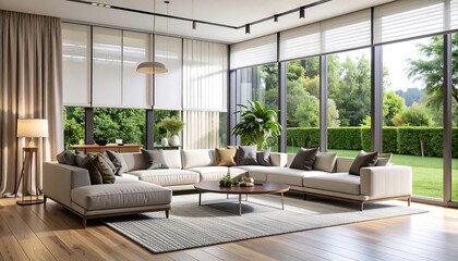 Modern living room with large windows.  Light, airy, and spacious.  Beige couch, wooden coffee table, and natural light.  Tranquil outdoor view