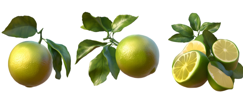 Three Limes With Green Leaves Displayed Against A Transparent Backdrop Showcasing Freshly Cut Segments With Detailed Texture