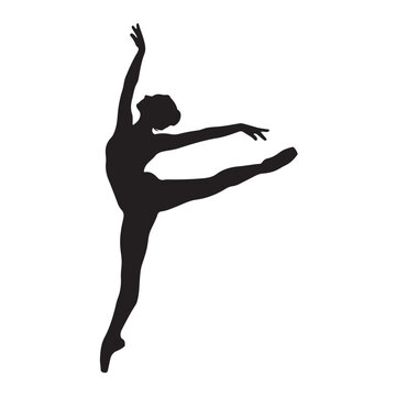 Elegant black silhouette of a female ballet dancer in a graceful jump pose