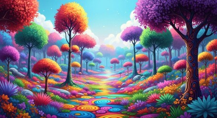 Enchanting Vibrant Forest Path with Whimsical Colorful Trees and Surreal Foliage