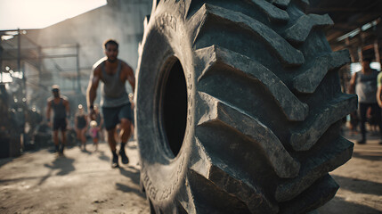 Determined athlete pushing large tire during intense outdoor training session