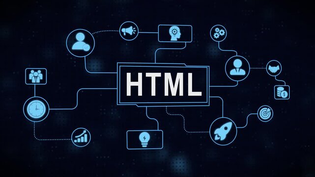 Conceptual animation displaying html code structure and related business elements