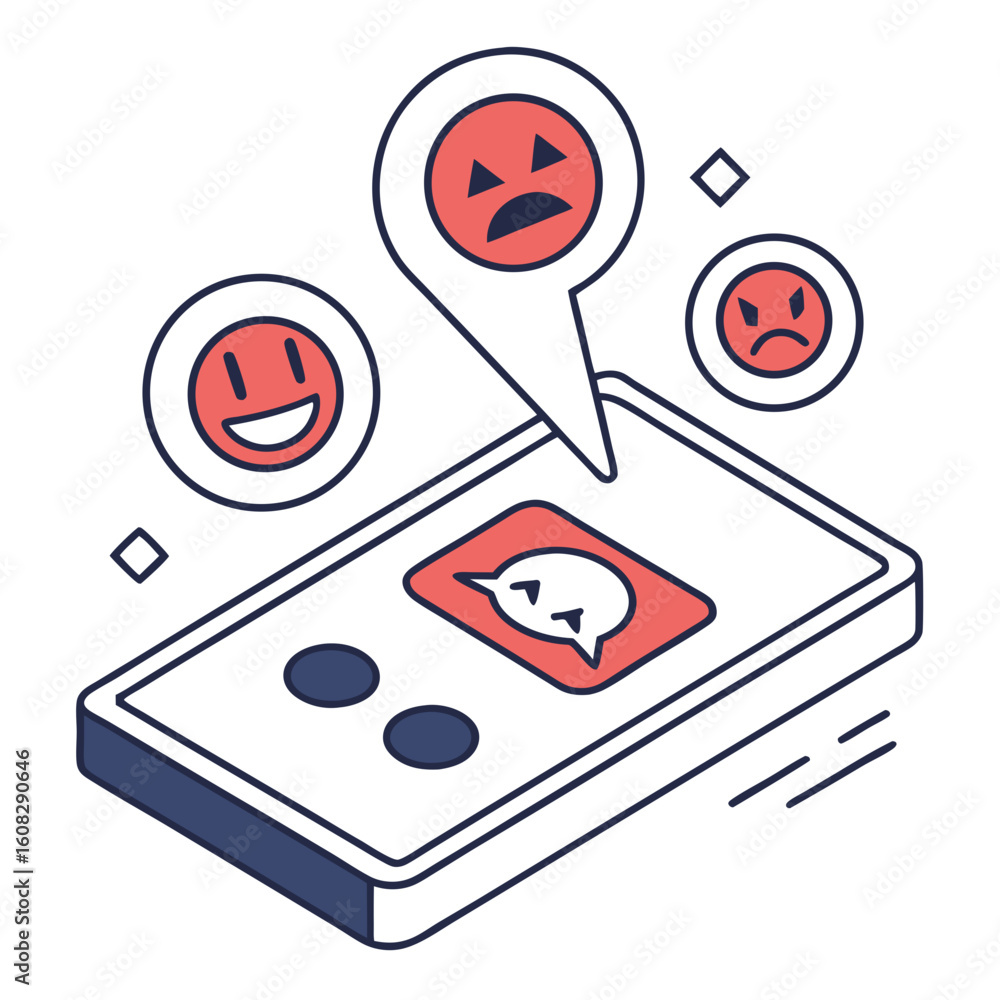 Poster digital communication and emotional feedback concept on smartphone. isometric outline illustration w