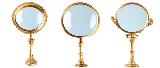 Three Antique Golden Magnifying Glasses Isolated Against Transparent Background Ornate Details And Reflective Lenses