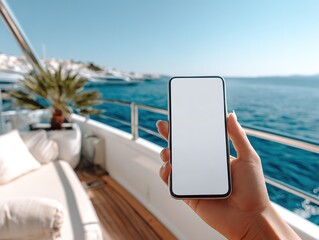 Person's Perspective Holding a Phone with a Blank Screen Template on a Boat