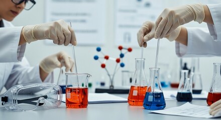 Researchers conducting chemistry experiments in a laboratory with scientific equipment