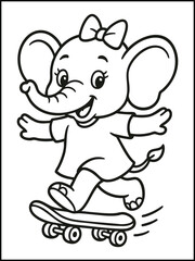 A cute baby girl elephant skating coloring page for kids. fun and educational material for children. Black and white printable worksheet for preschoolers.