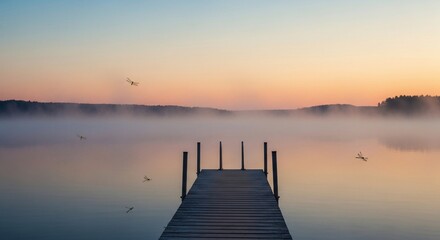 Fototapeta premium Serene dawn over a misty lake with a wooden pier and graceful dragonflies flying