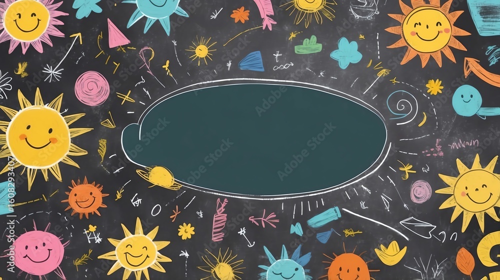 Poster chalkboard with hand-drawn suns and space for text message