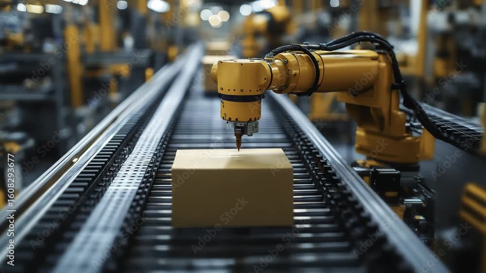 Poster automated factory line featuring robotic arms precisely handling packaging boxes on a conveyor belt