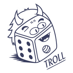 Obraz premium Mischievous Troll Dice Character Illustration with Horns and Fangs. Playful Cartoon Gaming Die Mascot in Clean Line Art Style, Whimsical Fantasy Ga...