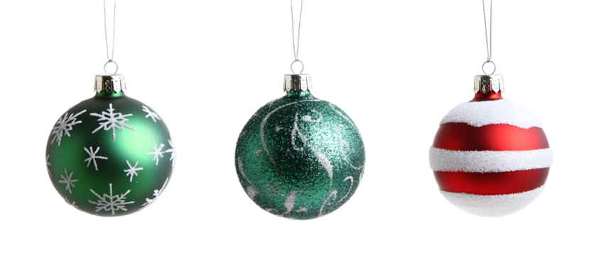 Festive Christmas Ornaments Hanging Against Black Background with Green Glittered Ball Red and White Striped Bauble and Green Snowflake Embellished Ornament