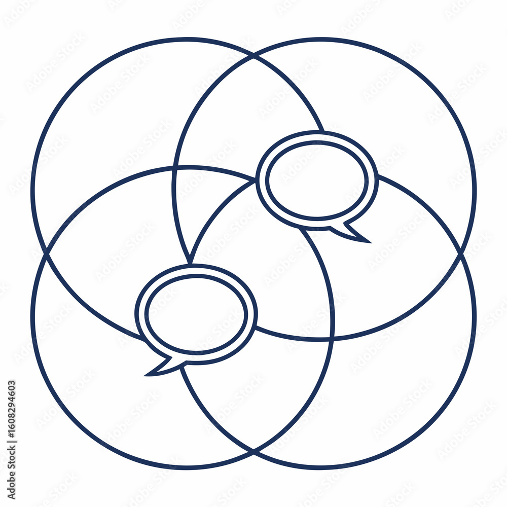 Poster interconnected communication circles with speech bubbles: abstract concept of dialogue, collaboratio
