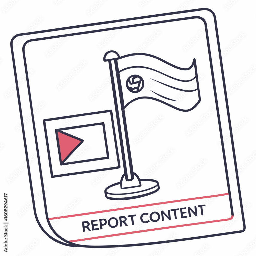 Poster digital content reporting icon with flag and play button for online safety and community guidelines