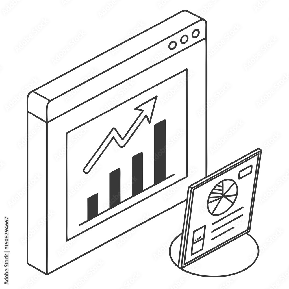 Aufkleber isometric line art illustration of digital business data analysis and growth on web browser and scre