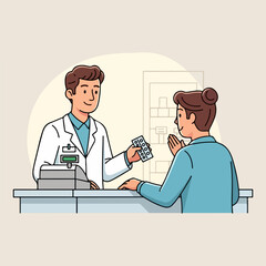 Flat vector of a pharmacist handing medicine to a customer across the counter