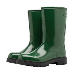 A pair of glossy dark green rain boots with sturdy black soles, perfect for keeping feet dry and comfortable in wet conditions or for gardening and outdoor adventures.