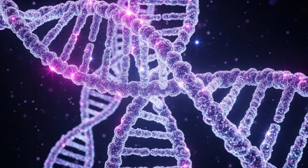 Close up of a glowing purple double helix DNA strand representing genetic code and molecular biology research