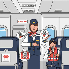 Flat vector of a flight attendant demonstrating safety procedures
