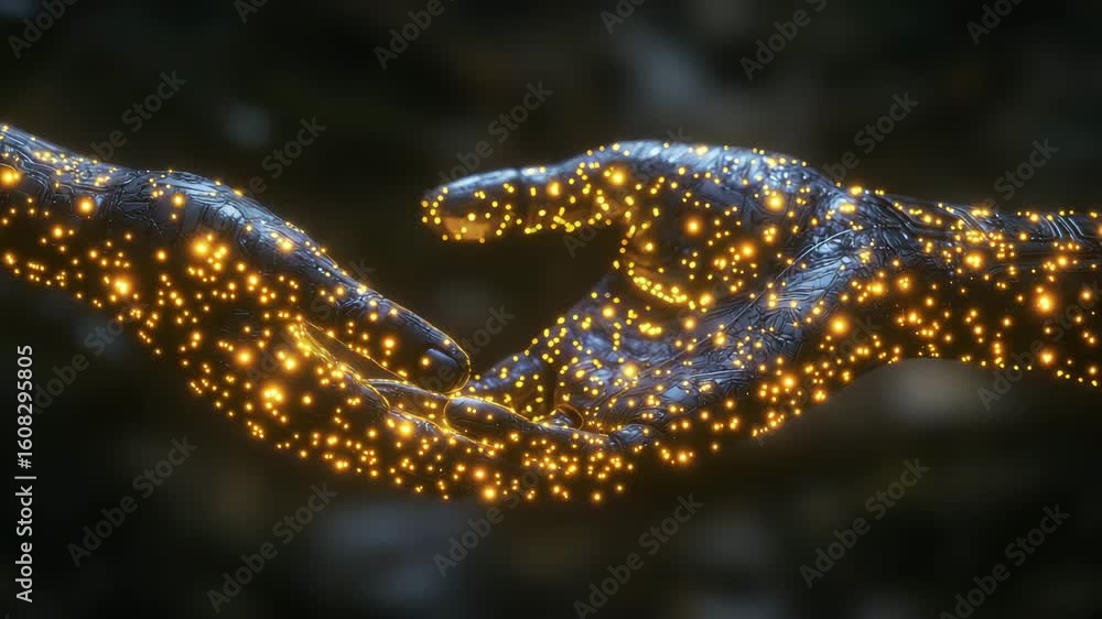 Poster magical connection: two hands intertwined with glowing orbs in a dark and dreamy setting