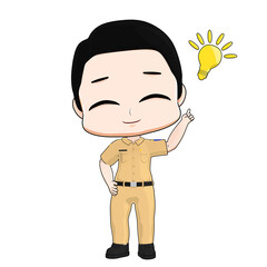 Cartoon character in brown uniform smiling with a glowing light bulb above his finger, symbolizing a great idea or sudden inspiration in cute style.


