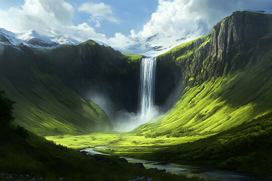 a waterfall in a green valley with a mountain in the background
